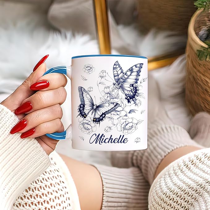 Hyturtle Personalized Blue Butterfly Mug - Butterfly Gifts For Women Lovers - Animal Gift For Bird Lover Her - Bird Gifts For Mom on Mother Day - Custom Name Coffee Cup Ceramic Mug 11 Oz 15 Oz