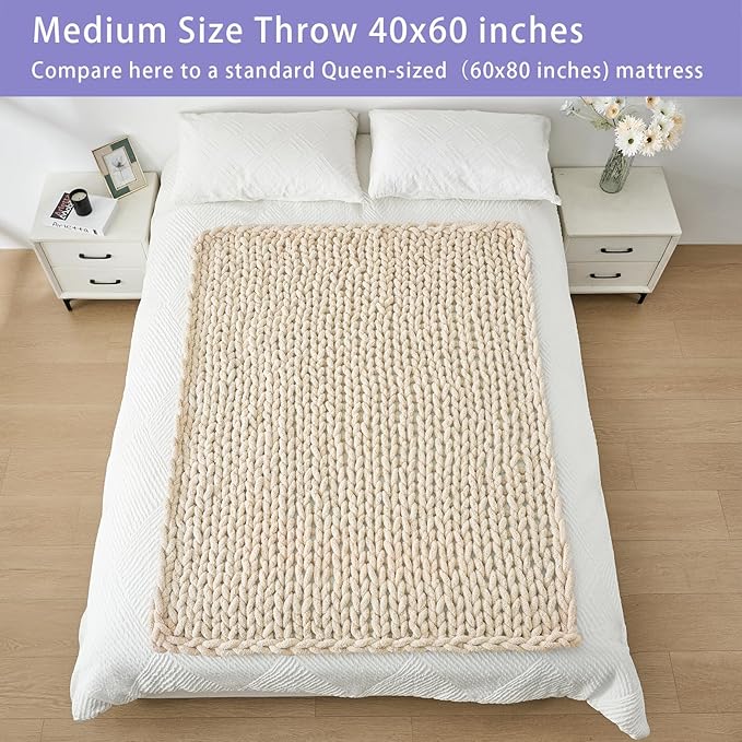 Bigacogo Chunky Knit Throw Blanket for Couch, 40x60 inches, 100% Hand Knitted with Thick Jumbo Chenille Yarn, Cozy Soft Large Rope Knot Cable Crochet Blankets for Sofa Bed Living Room, Beige