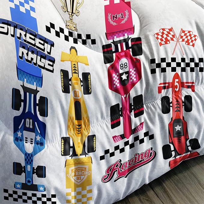 Axolotl Racing Car Comforter Set Full Size,Colorful Sports Car Bedding Set for Kids Boys Teen Adult,Extreme Speed Race Bedding Sets Car Theme Bedroom Decor with 1 Comforter and 2 Pillowcases