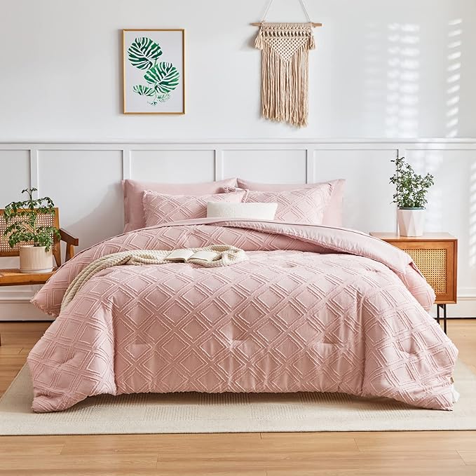 7 Pieces Tufted Bed in a Bag King Comforter Set with Sheets Blush, Soft and Embroidery Shabby Chic Boho Bohemian, Luxury Solid Color with Diamond Pattern, Jacquard Tufts Bedding Set for All Season