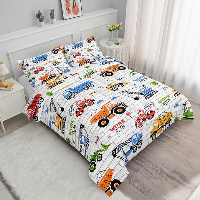Axolotl Construction Comforter Set Queen,Excavator Bedding Set,Construction Vehicles Comforter Set,Excavator Comforter,Excavator Tractor Trucks Bedding Set for Kids Boys Teens,1 Quilt 2 Pillowcases