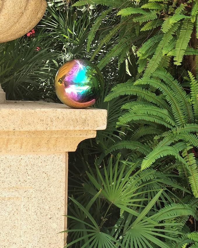 Rainbow Gazing Globe Mirror Ball in Stainless Steel, Shiny Hollow Sphere Sparkling Housewarming Outdoor Ornament (6 Inch)
