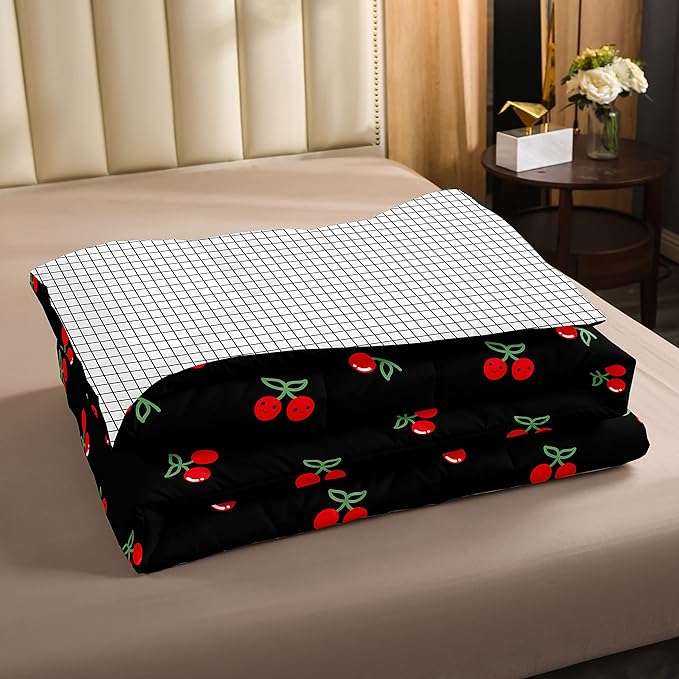 Erosebridal Red Cherry Bedding Set for Kids, Fruit Kawaii Comforter Set Full, Cute Cherry Cartoon Quilted Duvet for Boys Girls Women Bedroom Decor, Reversible Luxury Cherry Quilted Comforter, Black