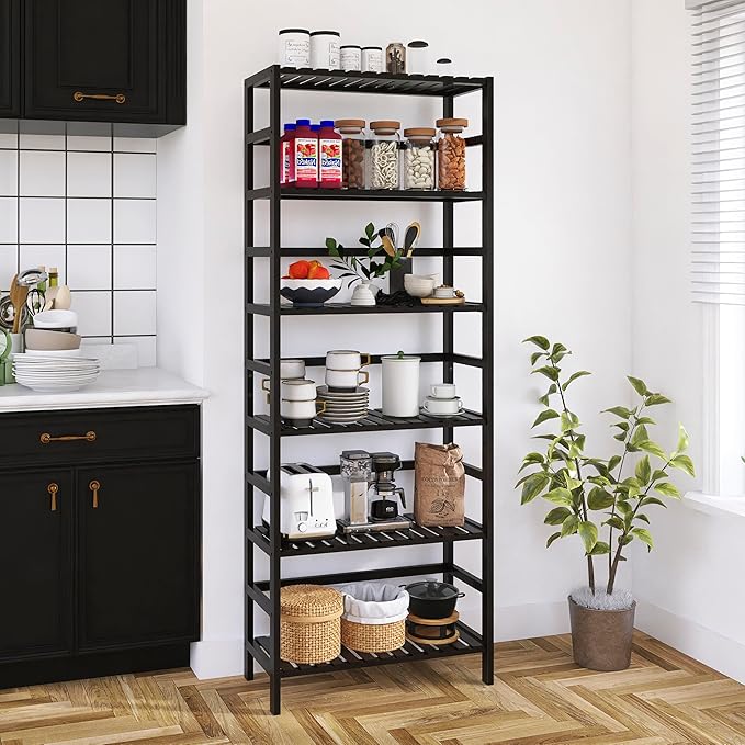 Bamboo Bookshelf, 6-Tier Tall Open Bookcase with Adjustable Shelves, Floor Standing Storage Shelf Unit for Living Room Bathroom Home Office, Black