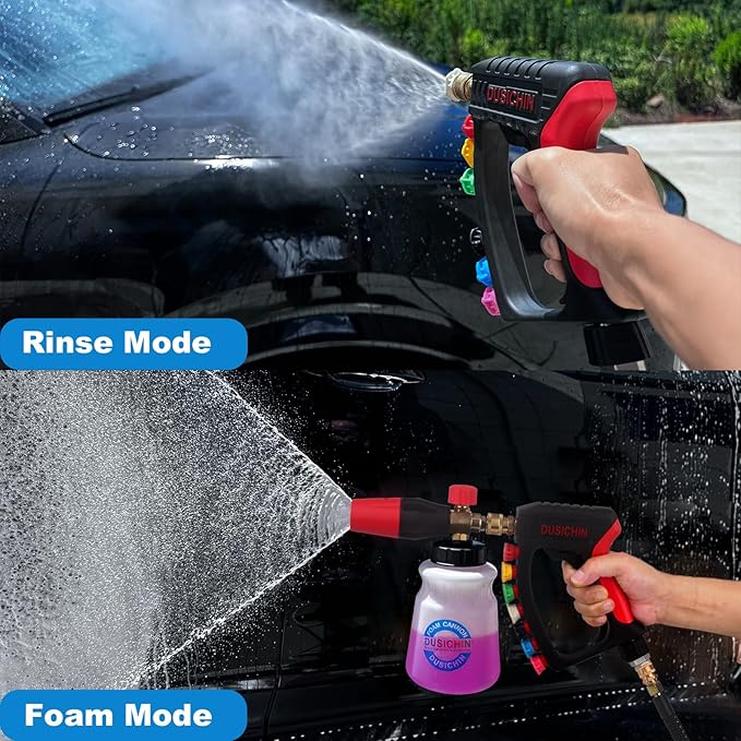 DUSICHIN Short Pressure Washer Gun Swivel Joint 4000 PSI Foam Cannon Lance,7 Pressure Washer Nozzle Tips Car Wash Foam Gun 7 Tip Slots 3/8'' Swivel Quick Connector,M22-14mm M22-15mm Fitting DUS2912