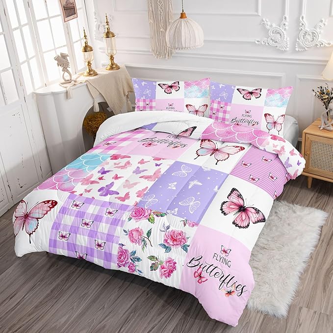 Datura home Kids Comforter Set Mermaid Scale Butterfly Printed Pattern Bedding Set with 1 Comforter and 2 Pillowcases for Girls Boys Bedroom All Season(Mermaid1 Full)