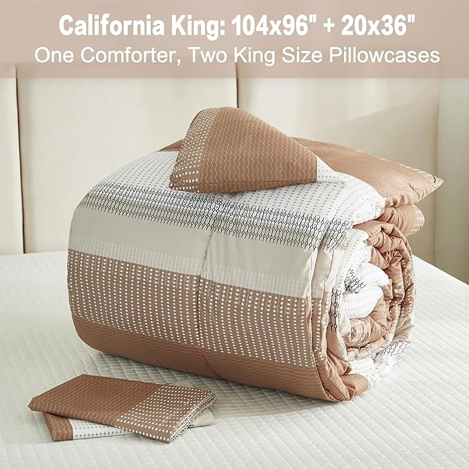 Litanika Beige California King Comforter Set, 3 Pieces Cal King Lightweight Taupe Khaki White Colorblock Stripe Bedding Comforter Sets, Fluffy Bed Set