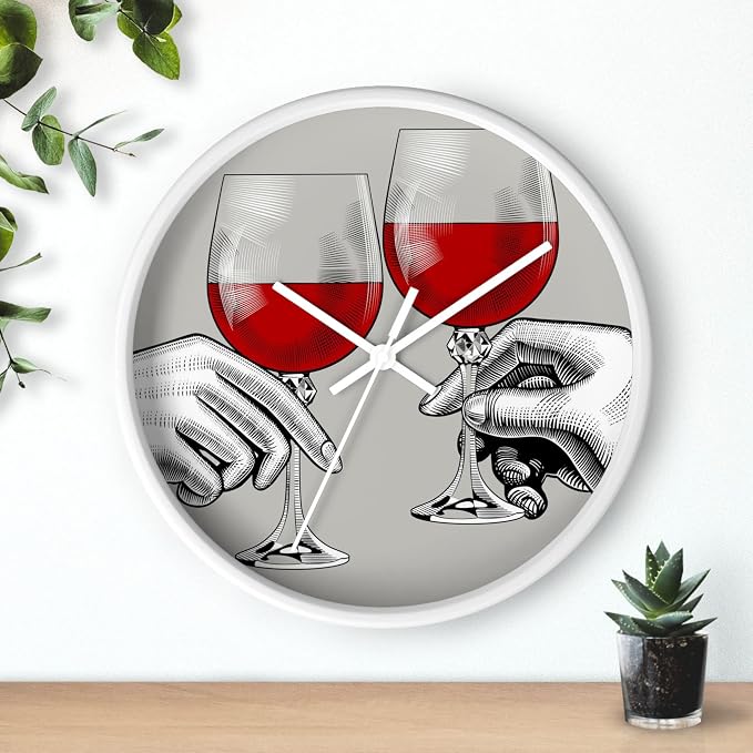 Mozingo ~ Wine Clock for Kitchen Bar Wall It's Wine O'clock Silent Time Gift Home Decor Made In USA, 10" (Hour Marks - None, Clock Frame Color - White, Wine Theme #04)