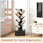 7 Tier Tree Bookshelf with Drawer, Tree Bookcase with Storage, Modern Floor Standing Bookshelves Organizer for Bedroom, Living Room, Home Office, Black
