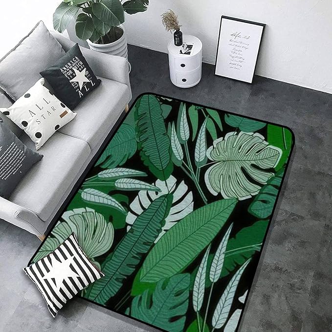 Soft Kids Play Area Rugs 3D Home Jungle Palm Leaf Seamless Ttropical Palm Leaves Design for Printing Plush Rugs Non Slip Shaggy Carpets for Kids' Bedroom Classroom Playroom Nursery Décor