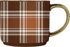 Sweet Water Decor Brown Plaid Mug with Gold Handle, 14oz Fine Bone China Coffee Cup for Tea, Latte, or Hot Cider, Cozy Fall Drinkware, Housewarming & Hostess Gift for Autumn and Thanksgiving