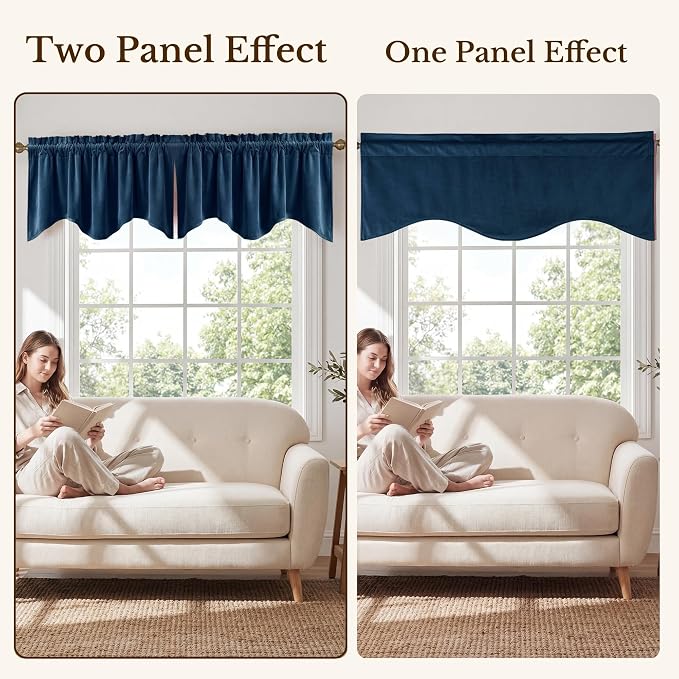 Navy Blue Valance for Windows Scalloped 52x18 Inch 1 Panel | Kitchen Valance Curtains for Small Windows, Classic Rod Pocket Window Drapes for Dining Room, Bathroom, Basement