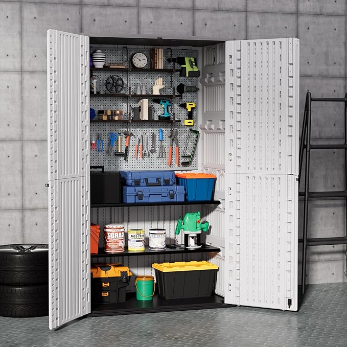 ZZM Resin Outdoor Storage Shed, 67 Cu.ft Vertical Resin Tool 4x6 FT Cabinet w/o Shelf for Garden, Patio, Backyard, All-Weather Outdoor Plastic Storage Clearance, Lockable with Floor (Light-White)