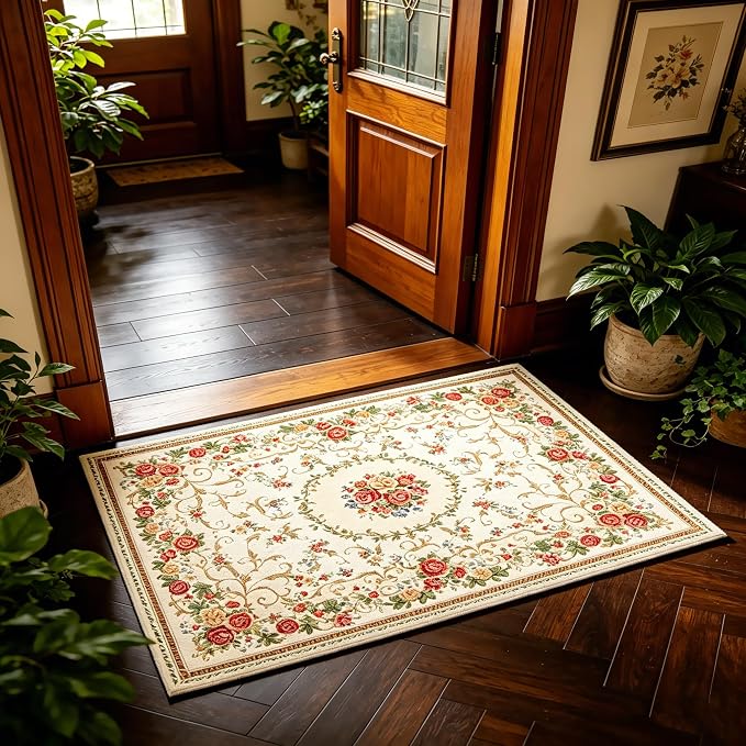Luxury Soft Rustic Floral Area Rugs Washable Elegant Shabby Rose Rug Non Slip Accent Floor Rugs Carpet for Bedroom, 2'7'' x 4', Country Rose