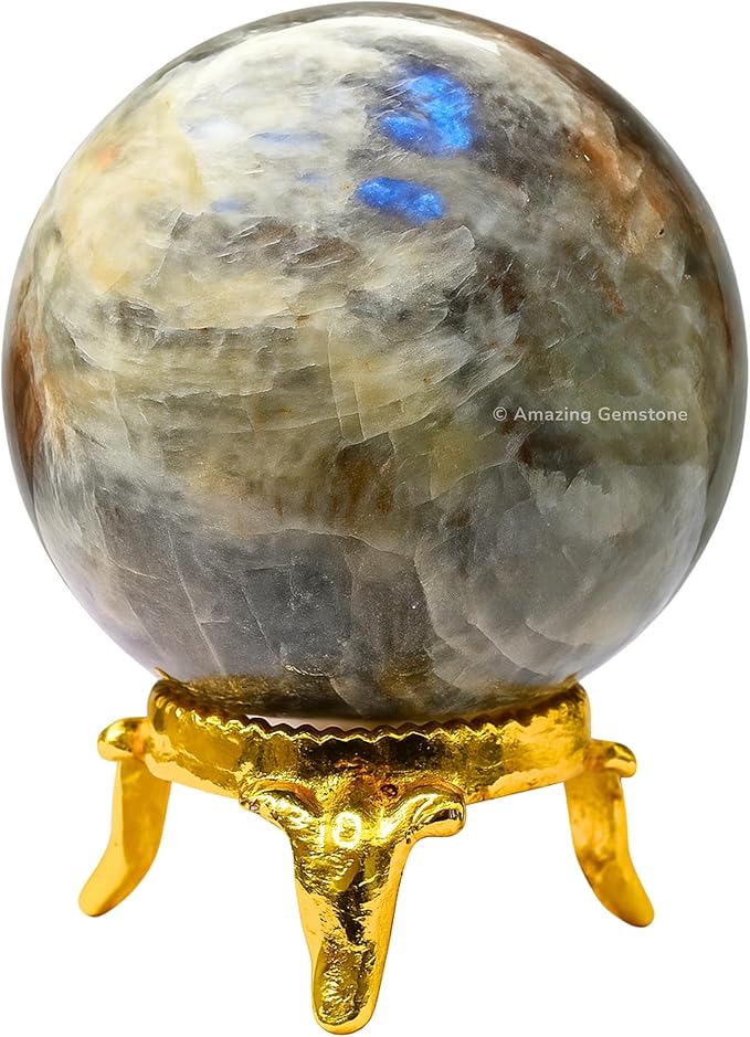 Amazing Gemstone Sun Moonstone Crystal Ball with Stand - 2 Inches Crystal Sphere Meditation Balls for Witchcraft and Decorative Balls