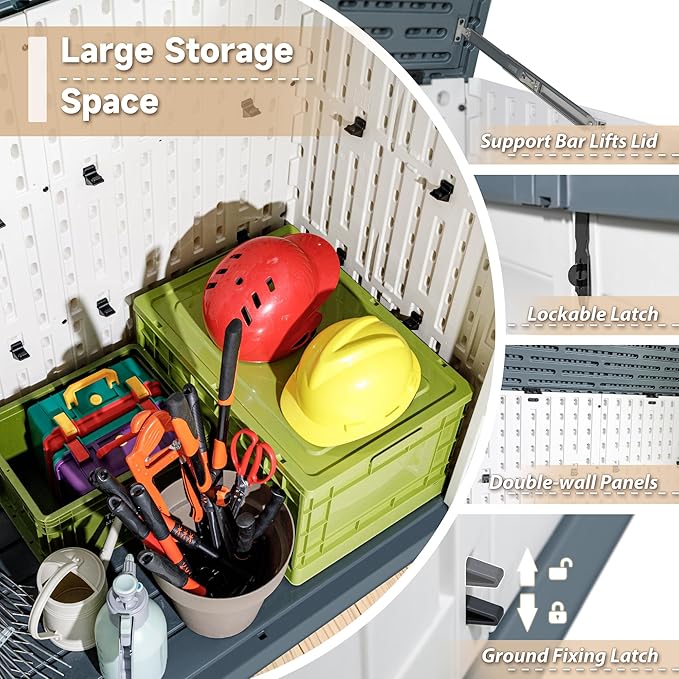 Devoko Resin Outdoor Storage Shed, 34 Cu Ft Outdoor Storage Cabinet Without Shelf, Waterproof, Double Locks, Resin Storage for Trash Can, Garden Tools, Pool Supplies (Beige)