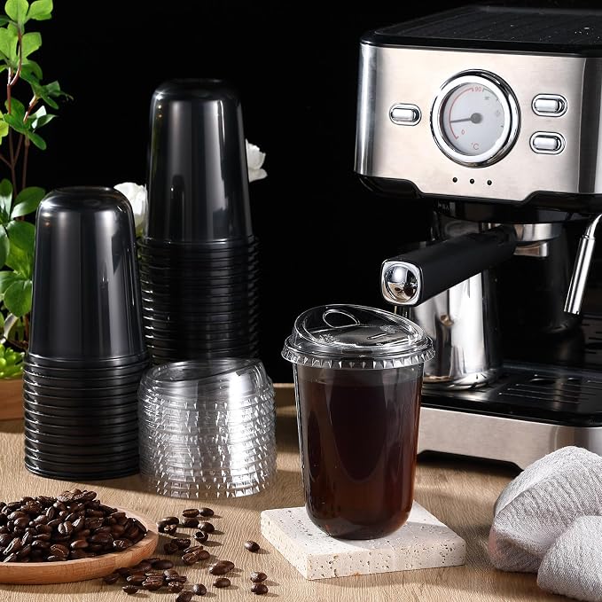 Ziliny 50 Sets Clear Plastic Coffee Cups with Sip Lids, Disposable Plastic PET Crystal Cups for Iced Coffee, Smoothie, Cold Beverage, Drink Shops and Party Catering(Clear Black,16 oz)