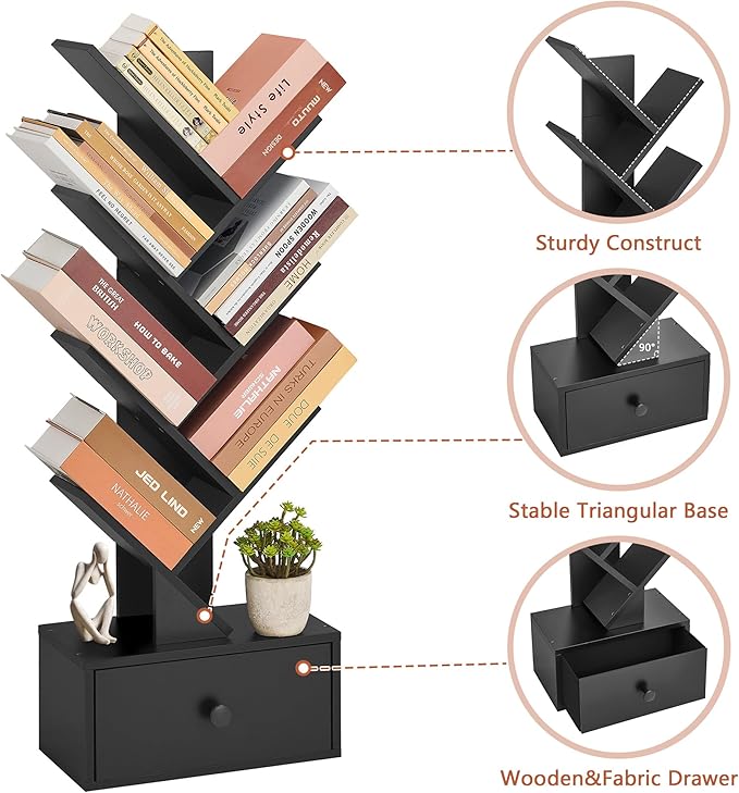 7 Tier Tree Bookshelf with Drawer, Tree Bookcase with Storage, Modern Floor Standing Bookshelves Organizer for Bedroom, Living Room, Home Office, Black