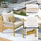 4-Piece Patio Conversation Furniture Set, Rope Weave Outdoor Loveseat Sofa with 2 Armchairs, Thick Cushion&Tempered Glass Table, for Garden Backyard, Onesize, Beige+Mustard Yellow