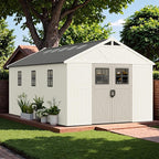 Greesum 10×16 FT Plastic Outdoor Storage Shed with Floor and Lockable Door, Resin Sheds with Windows and Skylights, Weather Resistant Organization for Garden, Lawn, Pool Supplies, Beige