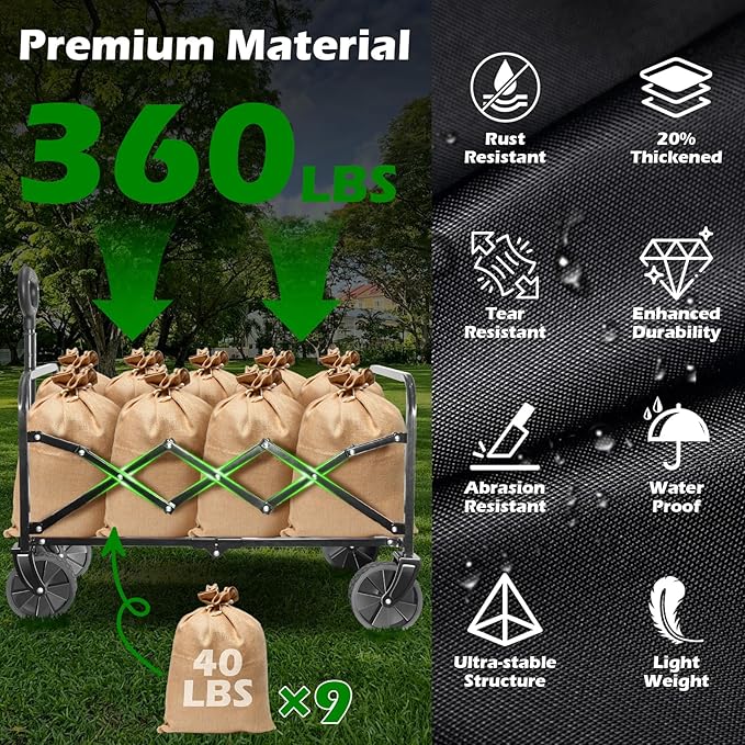 Collapsible Wagons Carts Foldable Wagon, Foldable Wagon Cart with Wheels, Folding Wagons for Beach Camp Sports Garden, 2 Cup Holders/Lightweight Portable/Black/360 LBS