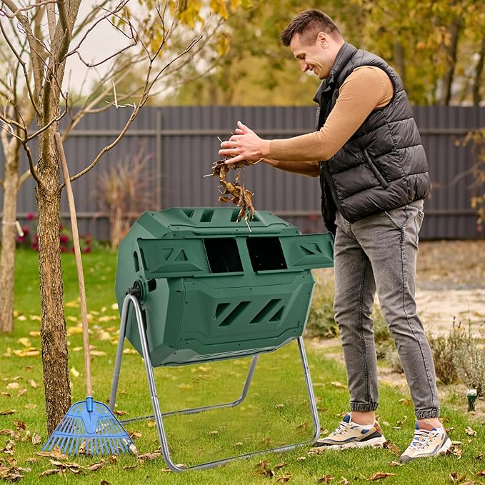 Goplus Compost Tumbler, 43 Gallon Rotating Compost Bin Barrel, Dual Chamber Tumbling Composter with Sliding Door, Gloves, Aeration System for Outdoor, Garden, Yard