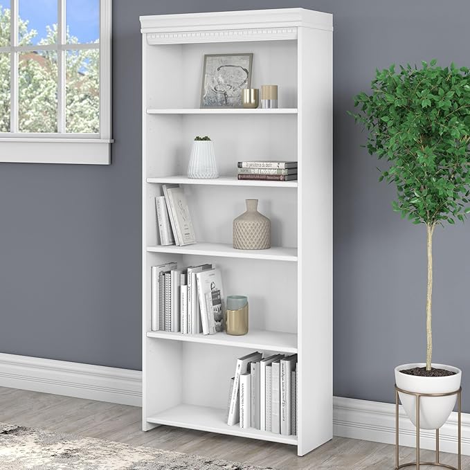 Bush Furniture Fairview Tall 5 Shelf Bookcase in Pure White and Shiplap Gray