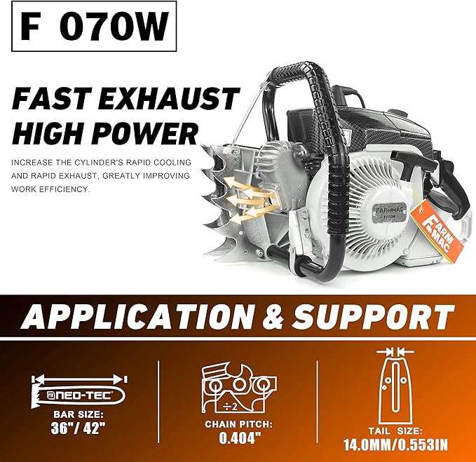 FARMMAC F070W Gas Chainsaw with 36 Inch Alloy Solid Bar, 105cc 2-Cycle Gasoline Power Chain Saws, 4.8KW 6.5HP Power Chain Saw for Milling Work, All Parts Compatible with MS070 090 Neotec NS8105