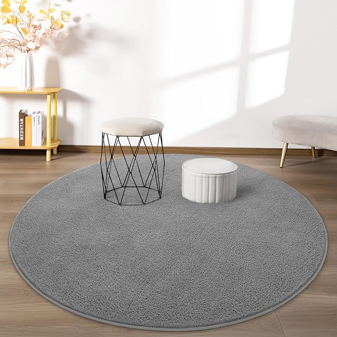 Round Area Rugs for Bedroom Living Room, 4x4 Grey Super Soft Comfy Thickened Memory-Foam Indoor Circle Carpets, Modern Aesthetic Minimalist Carpet for Boys Girls Adults Nursery Home Décor