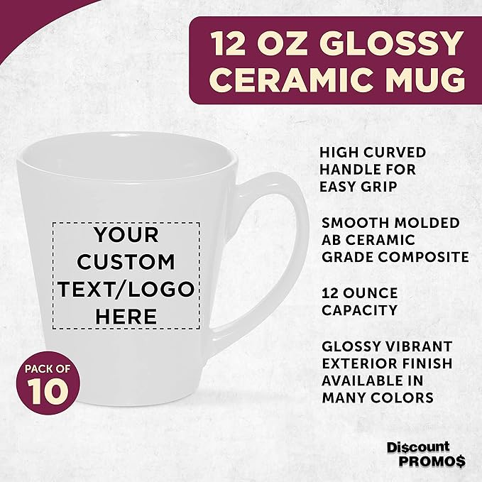 DISCOUNT PROMOS Custom Glossy Ceramic Latte Coffee Mug 12 oz. Set of 10, Personalized Bulk Pack - Perfect for Tea, Espresso, Cappuccino, Hot Cocoa - White
