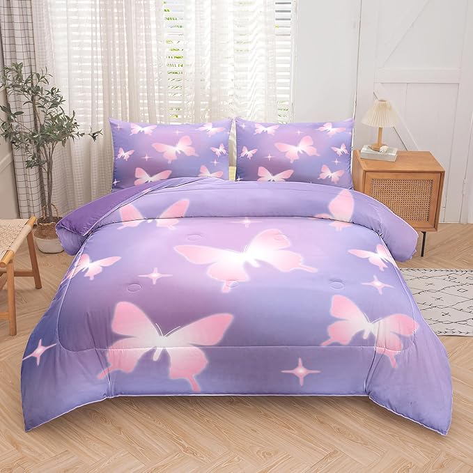 Tailor Shop Butterfly Comforter Sets King Size,Purple Pink Butterfly Bedding Sets for Girls Kids Teens with 2 Pillowcase…
