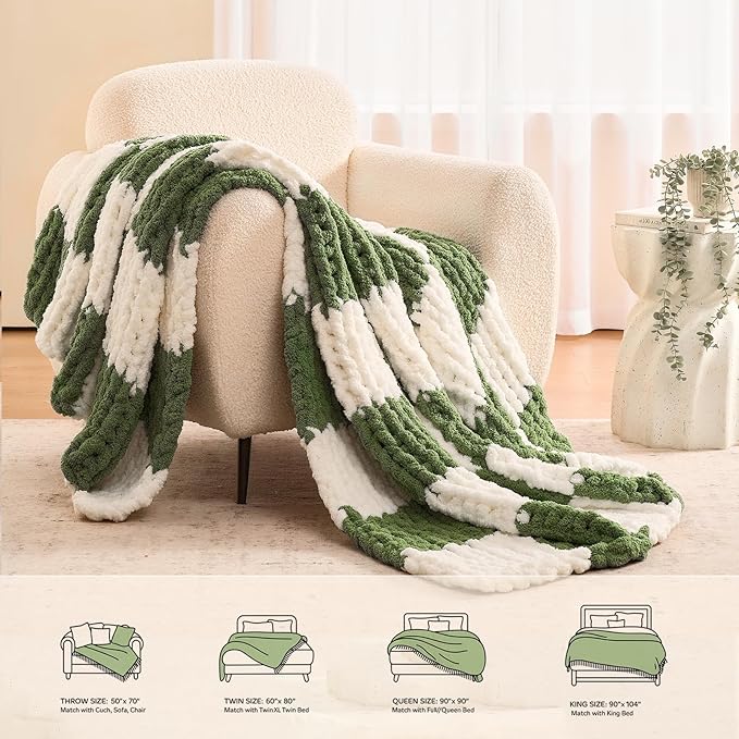 L'AGRATY Chunky Knit Blanket Throw: 50''x60'' Chenille Chunky Knitted Throw Blankets for Bed Couch - Handmade Thick Cable Knit Blanket - Large Crochet Rope Blankets for Home Decor(Green Checkered)