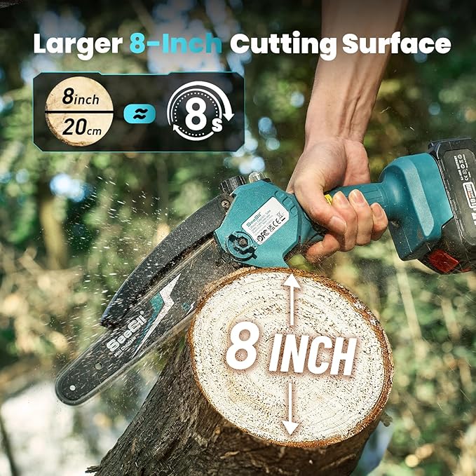 Seesii Mini Chainsaw 8-inch, Mini Chainsaw Cordless Tool Set, Battery Chainsaw with 2x 4.0Ah Batteries, Handheld Electric Power Chain Saw with Oiler, Safety Lock for Tree Trimming,Wood Cutting