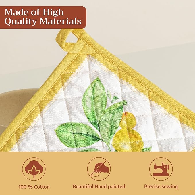 Maison d' Hermine Pot Holders 100% Cotton Potholders (8" x 8", Pack of 2) | Heat Resistant Hot Pads with Loop BBQ Cooking Baking Farmhouse Kitchen Handling Hot Pans Spring Summer - Limoncello