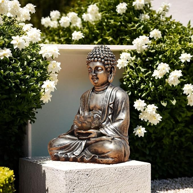 Buddha Lotus Statue with Solar Lights, Resin LED Figurine for Garden Decor – Unique Gift for Women and Friends(Copper Buddha)
