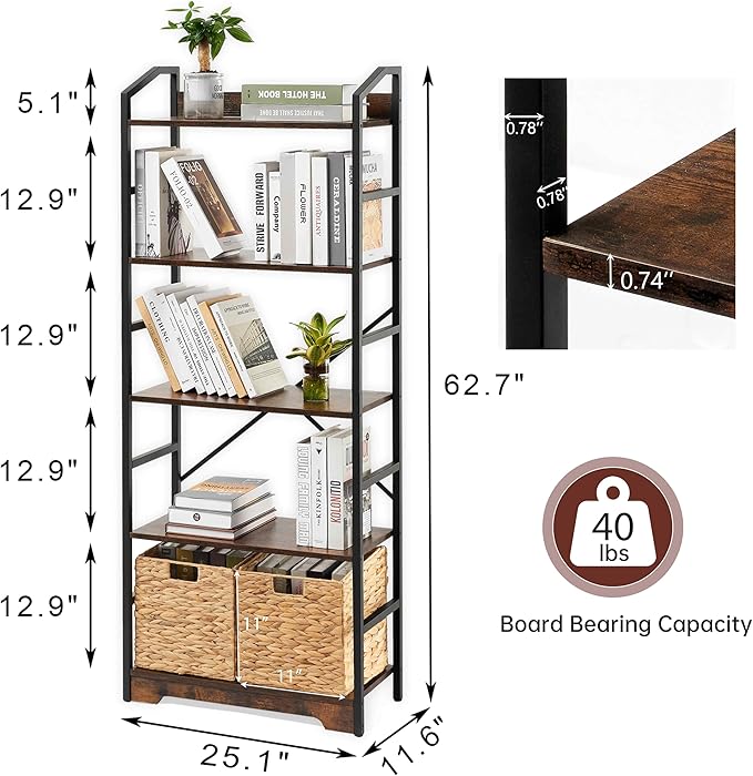 Vagusicc 5 Tier Bookshelf with 2 Storage Baskets, Tall Bookcase Shelf Storage Organizer Wood Book Shelf, Modern Shelf Rack Shelves with Steel Frame, Multipurpose Bookshelf for Bedroom Living Room
