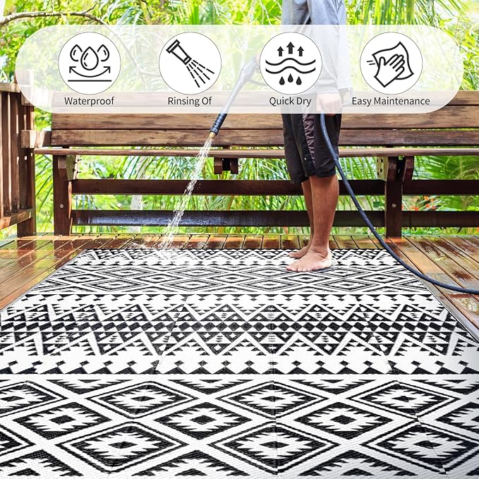 Waterproof Outdoor Rug 6x9ft, Bohemia Reversible Plastic Straw Mat for Patio RV Deck Porch Backyard Balcony Camping Picnic Beach Indoor Outdoor Carpet, Black&White