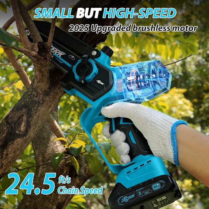 Mini Chainsaw Cordless - DECERK Brushless 6 Inch Electric Chain Saw, Portable Left Handheld Chainsaw Battery Powered for Tree, Branch, Wood, Best Gift Saw Tools for Household & Garden, Men Dad Husband