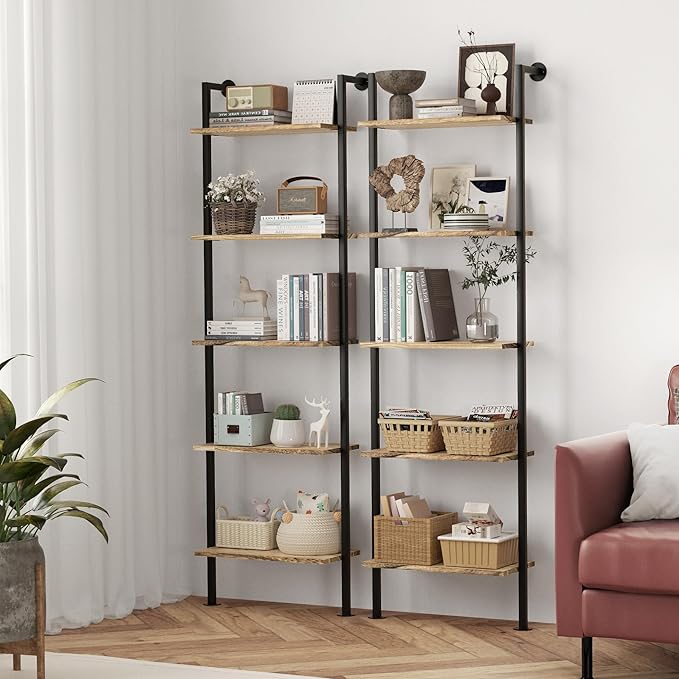 5-Tier Bookshelf Solid Wood Ladder Shelf, Narrow Book shelf Display Shelf, Wooden Ladder Shelf Bookcase, Wall Mount Ladder Shelf, Storage Rack for Living Room, Bedroom, Industrial Style, Rustic Brown