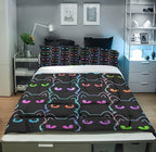 Sunnycitron Cartoon Cat Bedding Full size Black Cat Comforter Gradient Line Bedding set 3D Neon Cat Comforter Cute Cat Bed Set Black Cat Quilt set for Teens Kids Boys Girls Adults