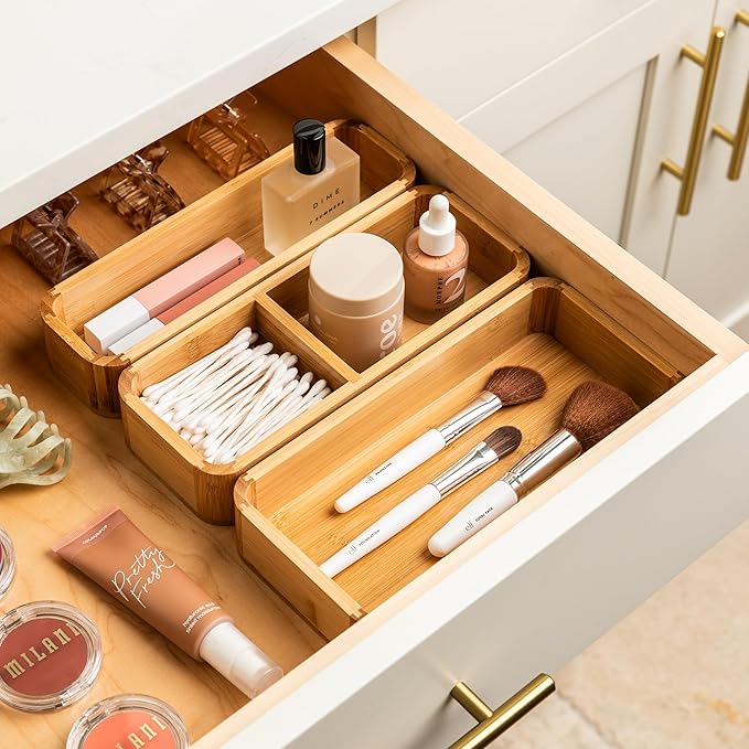 SMIRLY 3-Piece Bamboo Kitchen Drawer Organizer Set for Large and Small Utensils, Multi-use Storage Box - Bathroom, Nightstand, Jewelry, Cutlery, Knife, Spice, Towel, Junk Drawer Tray