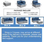 Shintenchi 7 Pieces Outdoor Patio Sectional Sofa Couch, Silver Gray PE Wicker Furniture Conversation Sets with Washable Cushions & Glass Coffee Table for Garden, Poolside, Backyard (Aegean Blue)