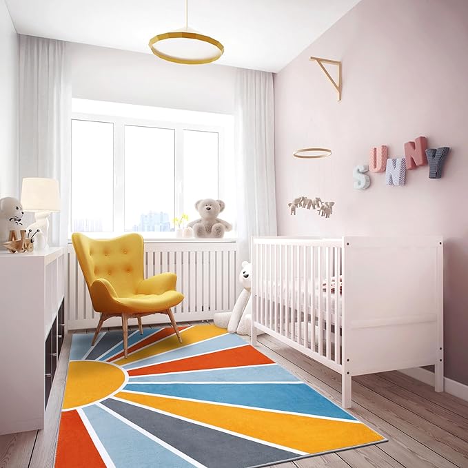 Topotdor Sun Rainbow Area Rug 4 x 6ft Boho Kids Nursery Rug, Colorful Washable Area Rug Ultra Soft Circle Classroom Rug Non-Slip for Bedroom Living Room Playroom Decor, Blue