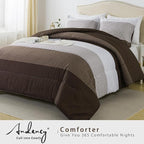 Andency Stripe Comforter Set Full Size (79x90 Inch), 3 Pieces Brown Patchwork Striped Comforter, Soft Microfiber Down Alternative Comforter Bedding Set with Corner Loops