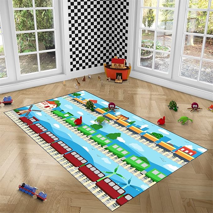 Train Rug Car Rug Play Mat Truck Rugs for Boys Room Kids Car Rug Truck Car Rug Car Carpet for Kids Kids Rugs for Playroom Car Rug for Boys Room,Light Blue 2'5''×4'