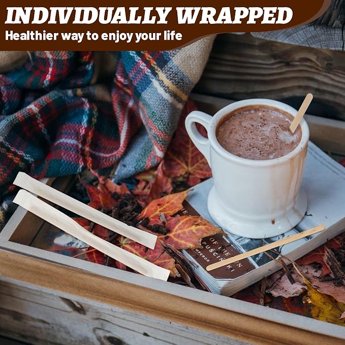 ANTETOK 100Pcs Wooden Coffee Stirrers Paper Wrapped 4.3Inch,Individually Wrapped Disposable Coffee Stir Sticks for Coffee,Tea,Cocktail and Hot Chocolate