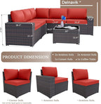 Patio Furniture Set Sofa 6-Piece Wicker PE Rattan Sectional Sofa Set, Outdoor Furniture Patio Conversation Set with Glass Coffee Table and Cushions, Red