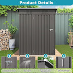 5X3 FT Outdoor Metal Storage Shed, Tool Shed with Pitched Roof and Lockable Door, Compact Garden Shed for Backyard Garden Patio Lawn, Gray