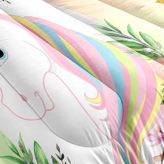 Kids Comforter Bedding Set 3 Piece Super Soft Breathable Print Kids Bedding Sets for Girls, Machine Washable Durable Comforter Set with Comforter, 2 Pillowcases Flowers Stars (Twin,Unicorn)