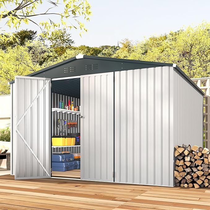 U-MAX Shed 10x10 Storage Shed, Large Metal Outside Garden Sheds & Outdoor Storage Clearance, Tool Shed Outdoor Storage Lockable for Backyard, Patio and Outside Use in White
